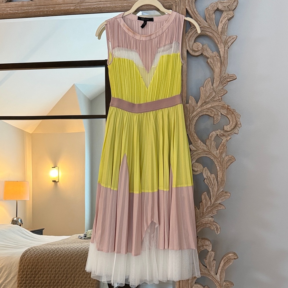 Elegant Yellow and Pink Pleated Dress